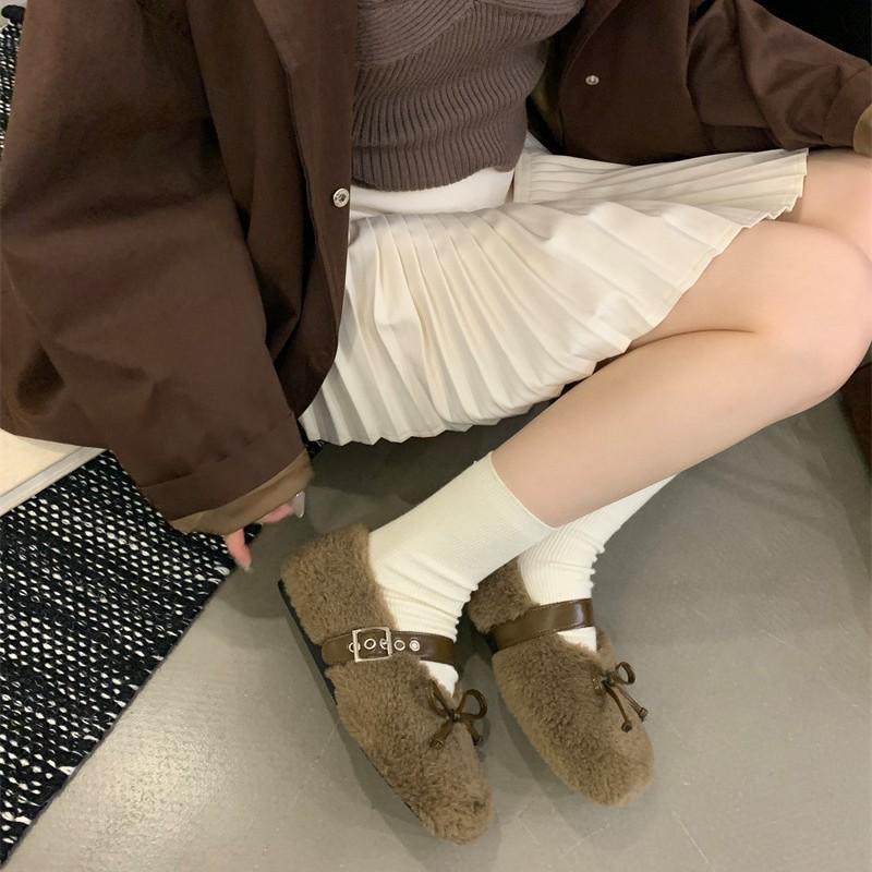 Bow-tie Fluffy Ballet Shoes Women's Winter New Round Head Wool Integrated Casual Warm Thick-soled Flat-soled Single Shoes