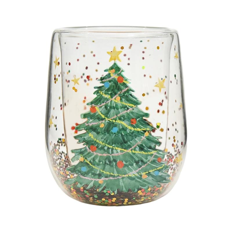 Drinking Cup with Christmas Tree Sparkles Double Walled Sparkling Christmas Tree Glass Mug for Warm Beverages 1
