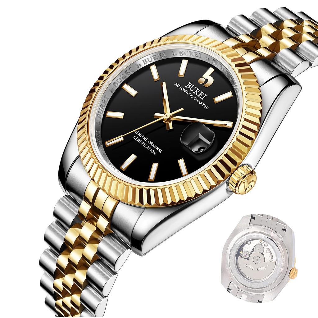 Automatic Mechanical Date Black Watch [BUREI] Men's Watch, Waterproof, Analog, Popular, Business, Display, Gold/Silver, Stylish, Simple, Luminous,