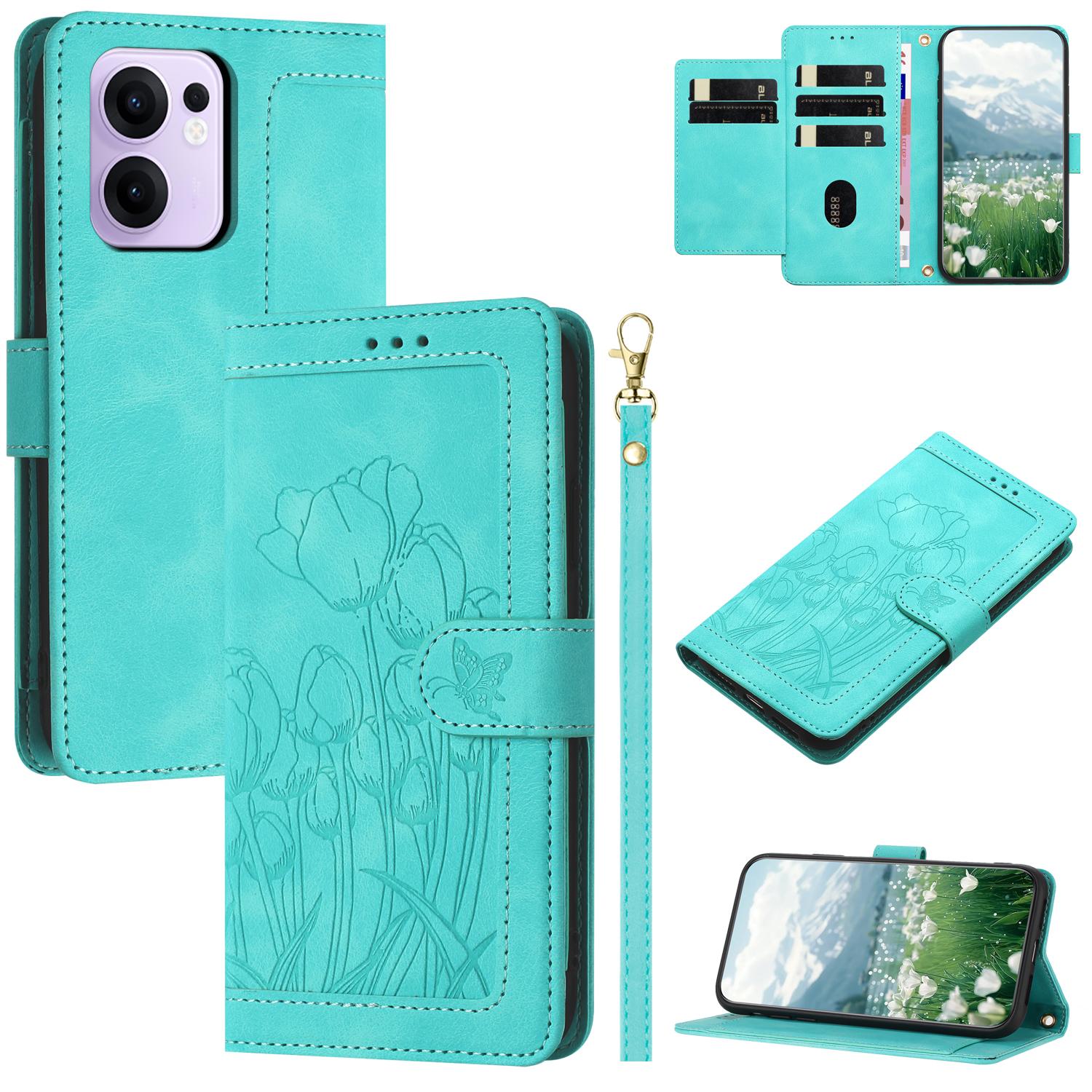 

For Oppo Reno13 F 5G/4G Case Tulip Leather Phone Cover with 5 Card Slots Wallet Green