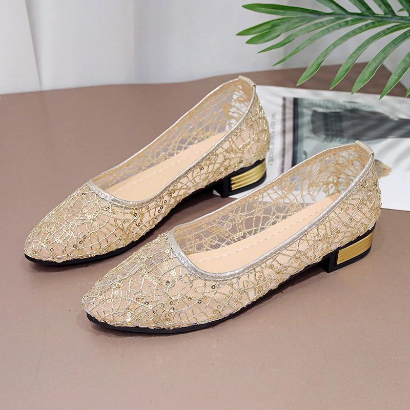 New Hollow Mesh Flat Shoes Lace Pointed Low Heel Mesh Shoes Women