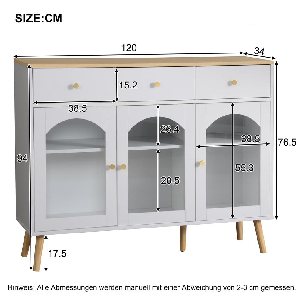Buffet Sideboard 3 Glastüren & 3 Schubladen, Elegant Küchenschrank Kommode Flurschrank Stauraum, Wohnzimmer Esszimmer, 120cm, Weiß & Holzfarbe