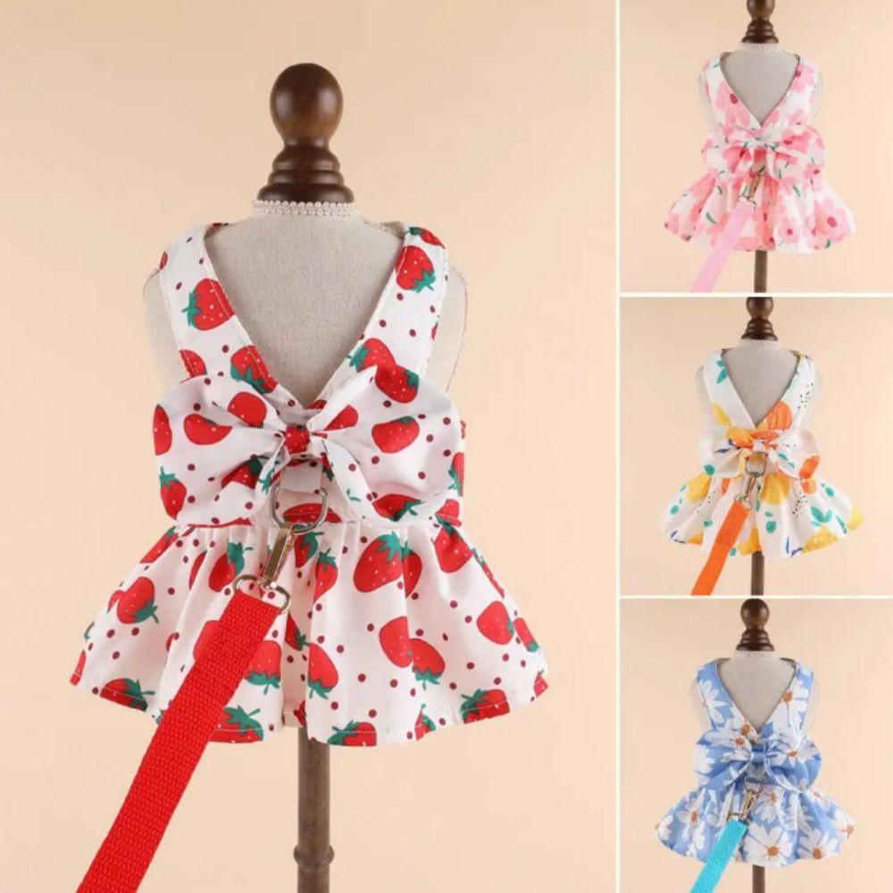 Sweet Dog Bowknot Princess Dress Breathable Dog Dress and Leash Set Thin Cat Skirt  Summer