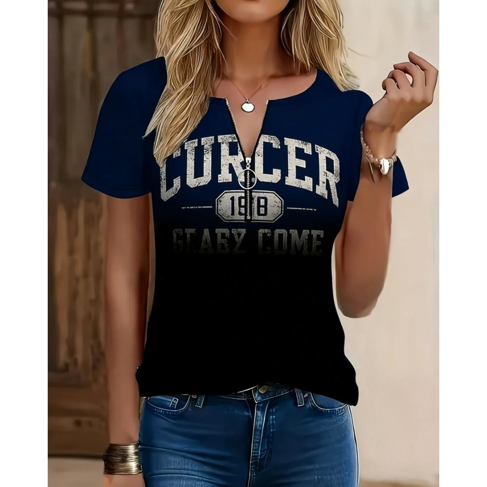 Fashionable and Elegant Zipper V-neck Color Blocked Printed T-shirt, Plus Size Women's Short Sleeved Summer Loose T-shirt