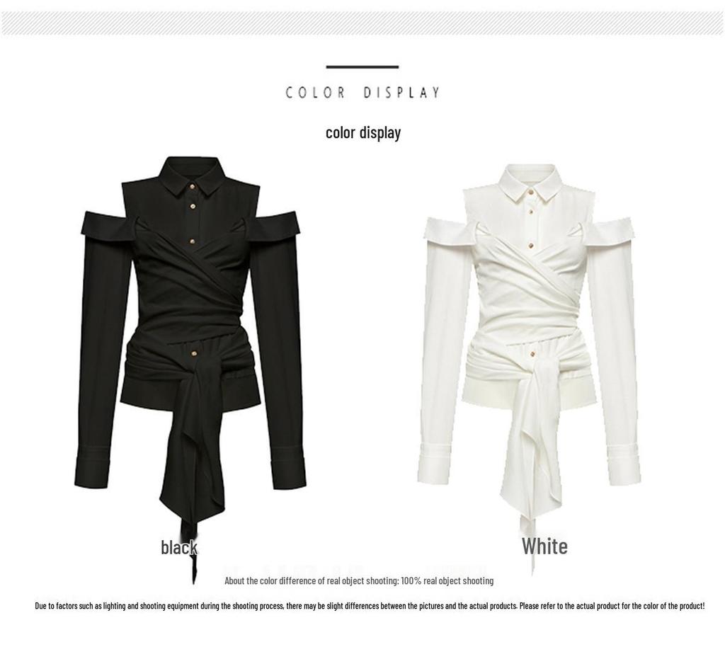Spring 2025 Women's Off-Shoulder Tie-Up Blouse: European & American Style, Long Sleeve, Versatile French Retro Top