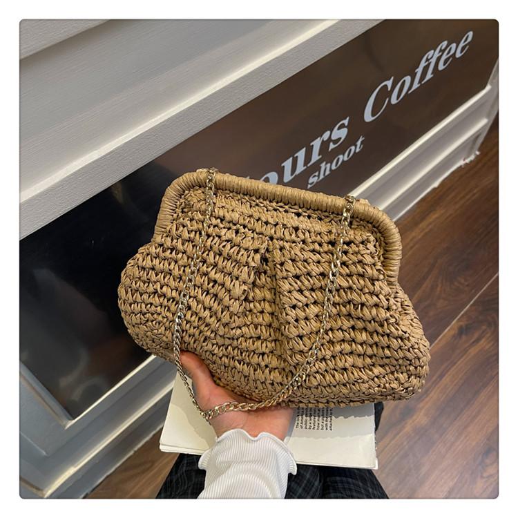 Woven Bag Women's 2025 New Fashion Versatile Clutch Bag High Value Hollow Contrasting Color Shoulder Bag Chain Messenger Bag
