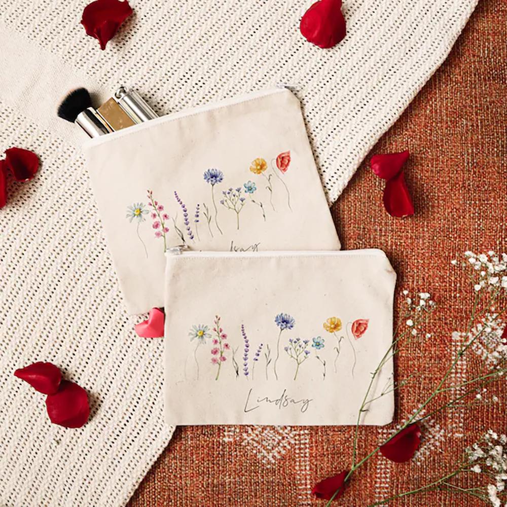 Personalised Wild Flower Canvas Makeup Bag Gift for Bridesmaids Mom Weddings Birthdays Everyday Use Pencil Case Back To School