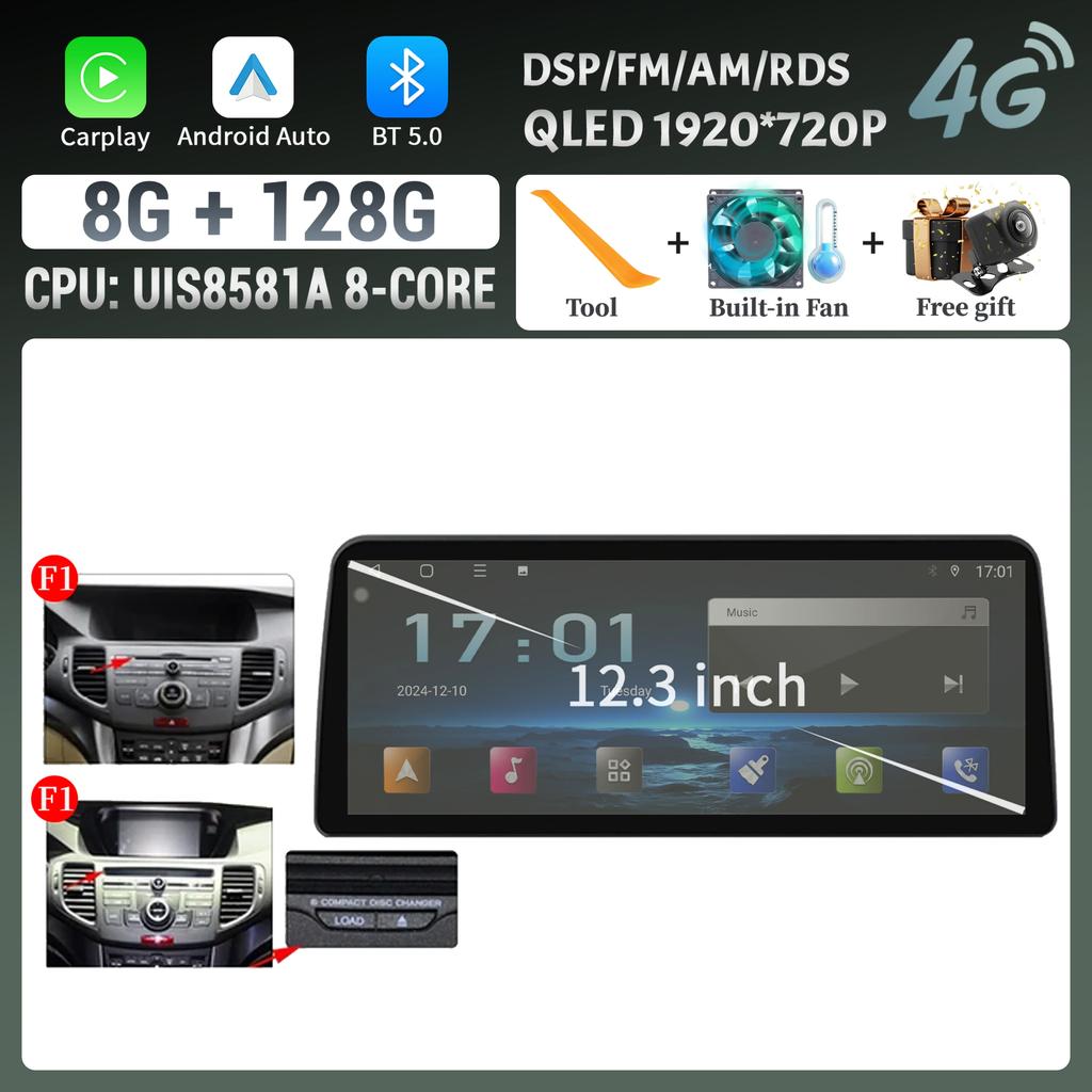 12.3inch For Honda Accord 8 Europe Spirior 2009-2013 Car Radio Multimedia Navigation Wireless BT CarPlay Touch Head Unit Screen