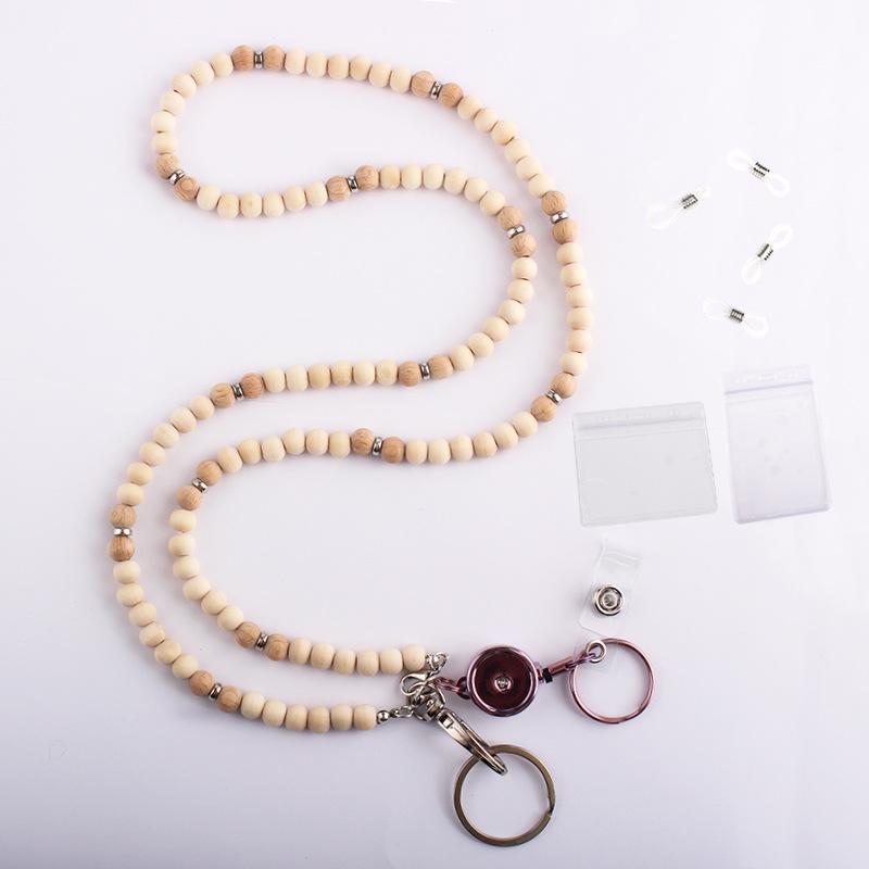 Unisex Stretchable Wooden Bead ID Necklace with Easy-Pull Key Chain