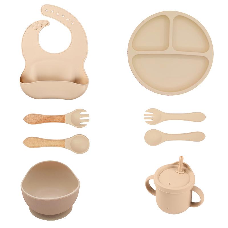 Silicone Baby Feeding 8-Piece Tableware Set with Compartment Plate