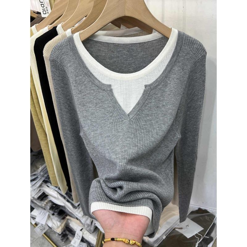 Fake Two-piece Neck Knitted Bottoming Shirt Women's Spring New Contrasting Color Soft Waxy Inner Top Sweater