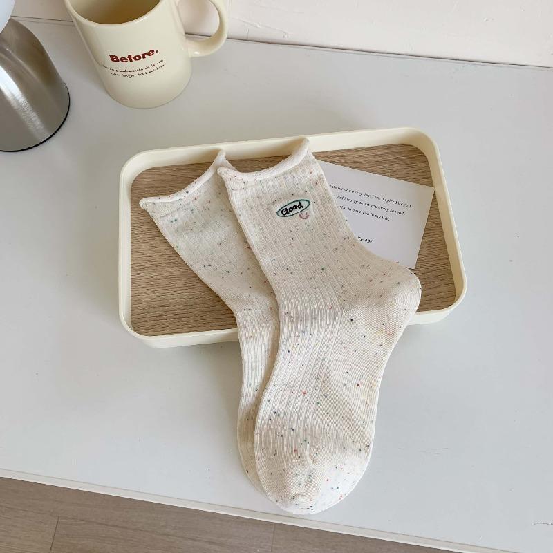 Spring and Autumn Lovely Cartoon Puppy Embroidered Socks - Children's Mid-length Socks with Trendy Rolled Edges and No Bones - Long Socks