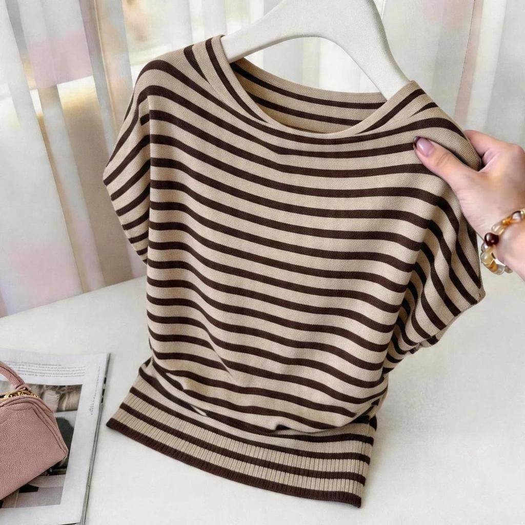 2026 Summer Waist-Cinching Striped Batwing Top - Short Sleeve, Loose, Slimming Design for Women