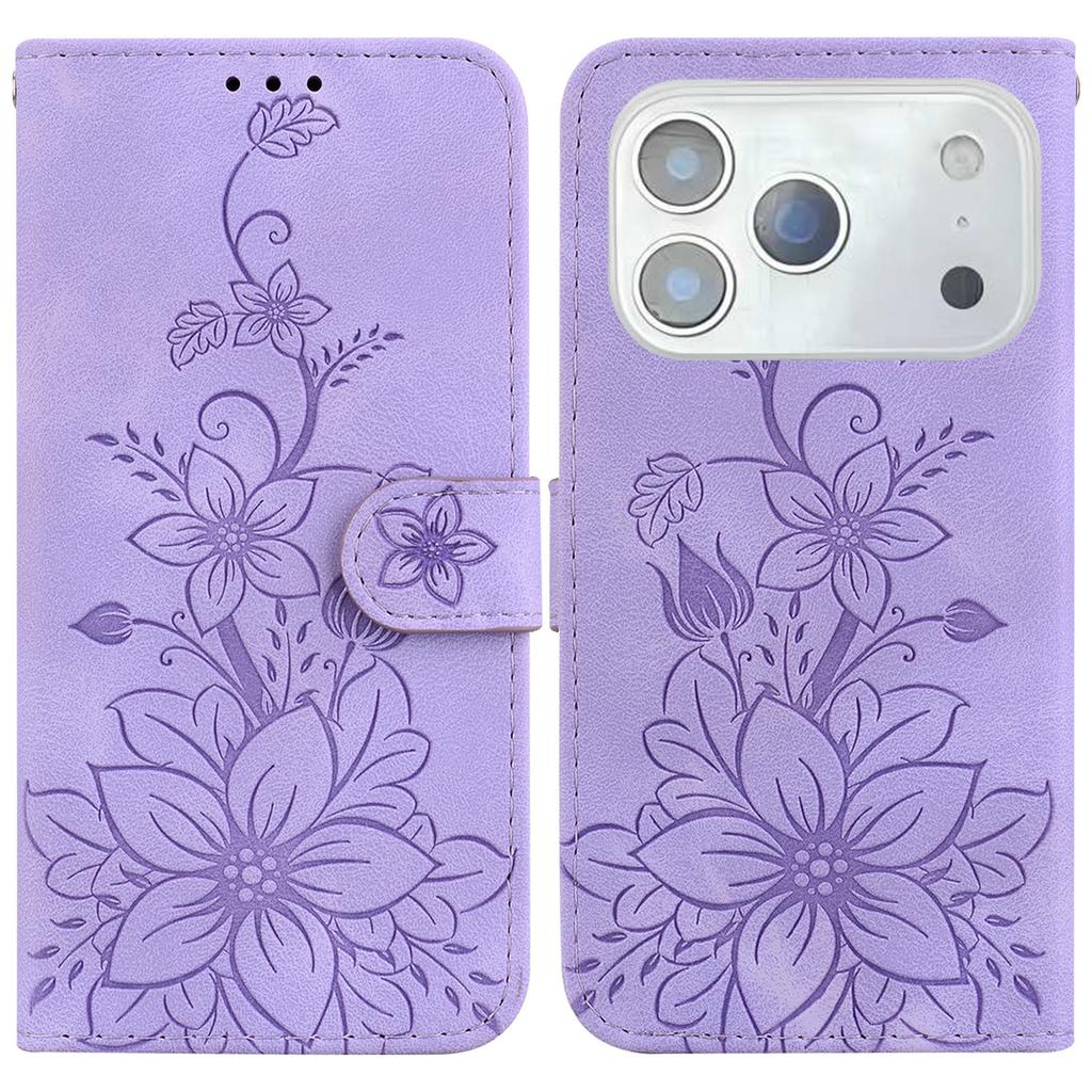 For iPhone 17 Pro Stand Case Lily Flower Imprint Leather Phone Cover with Wrist Strap