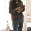 Women's Thick V-Neck Wool Sweater: Velvet, Loose, Casual Knitwear for Autumn & Winter