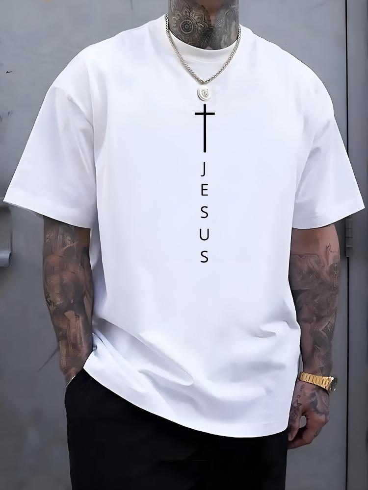 Unisex Cotton Tee Jesus Vertical Cross Graphic Short Sleeve Loose Religious Summer Oversized Crew Neck Top For Christian Male Fans