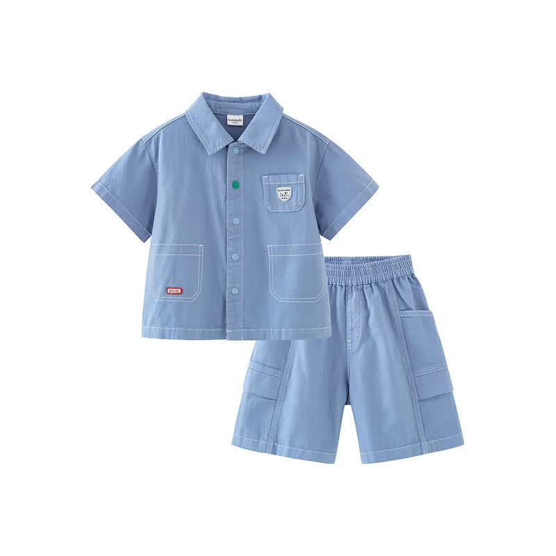 Minibala Boys' Cotton-Linen Denim Short-Sleeve & Shorts Set