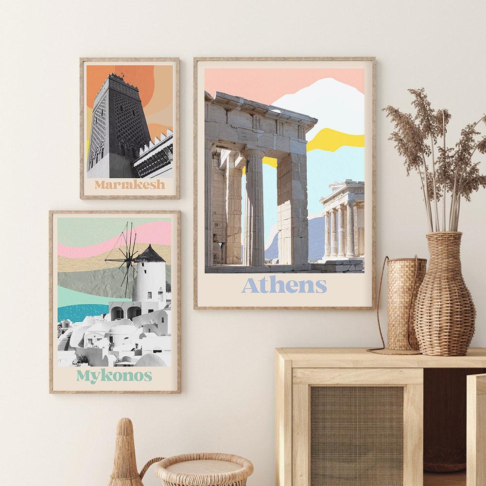 Boho plakat Nordic Travel płótno abstrakcyjne lato Marrakesz Ateny Mykonos Miami pastelowy drukowany obraz obraz ścienny wystrój domu