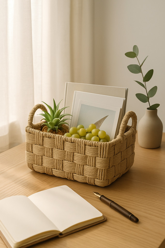 Handgefertigter dekorativer Aufbewahrungskorb aus Papierseil, geflochtener Korb, Aufbewahrungskorb für den Schreibtisch, Rattanimitat, Aufbewahrungskorb für diverse Spielzeuge