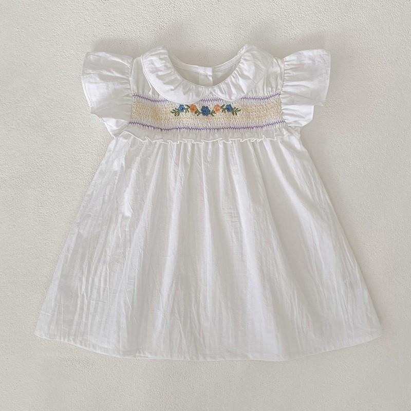Girls Cotton Dress White Embroidered Smocked Sleeve Princess Kids Party