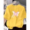 Women's Fashion Printed T-Shirt Pink Butterfly Pattern Soft Comfortable Printed Short Sleeve for Casual Fashionable