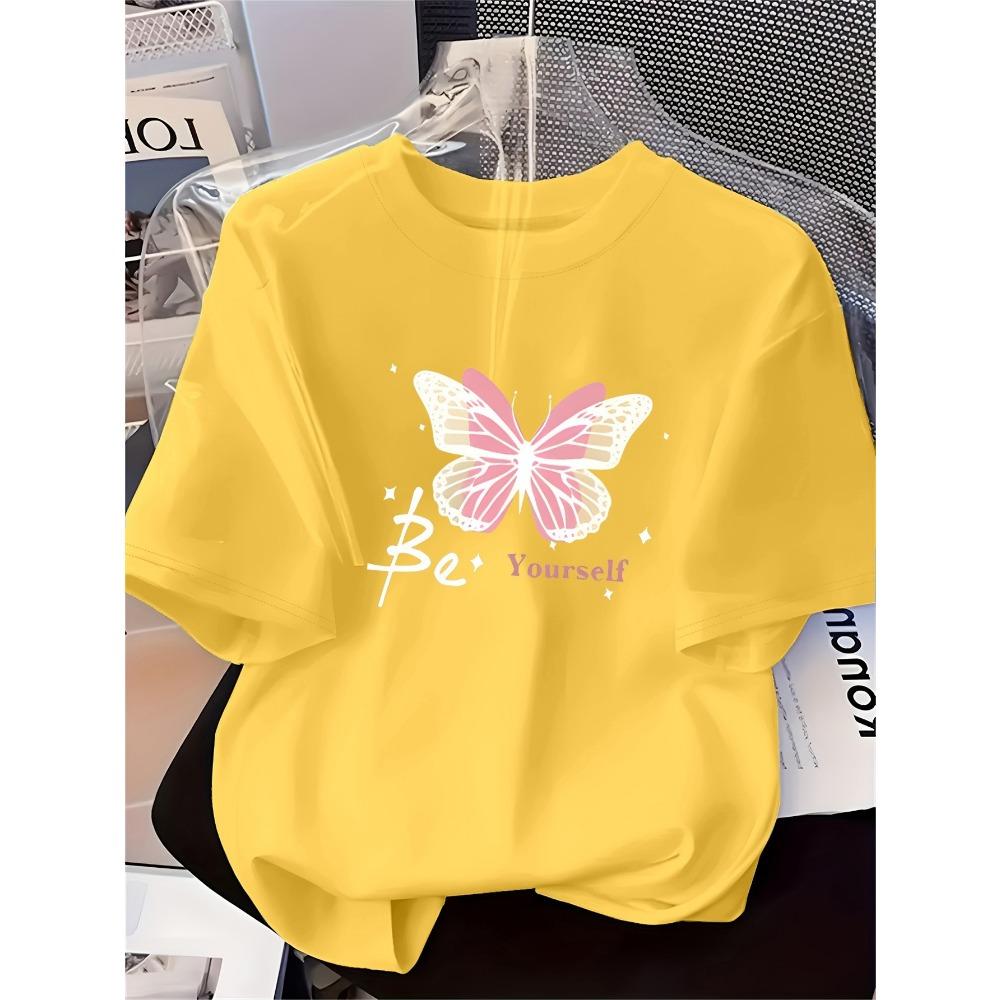 Women's Fashion Printed T-Shirt Pink Butterfly Pattern Soft Comfortable Printed Short Sleeve for Casual Fashionable