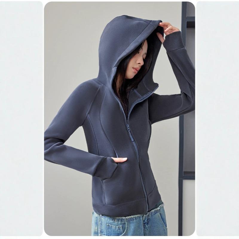 Lu schmal geschnittener Windbreaker Pullover Kapuzenpullover Damen Herbst und Winter beidseitiger Samt Reißverschluss Hoodie