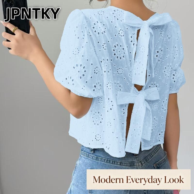 JPNTKY Women's Fashion Casual Solid Color Print Short Sleeve Blouses & Shirts