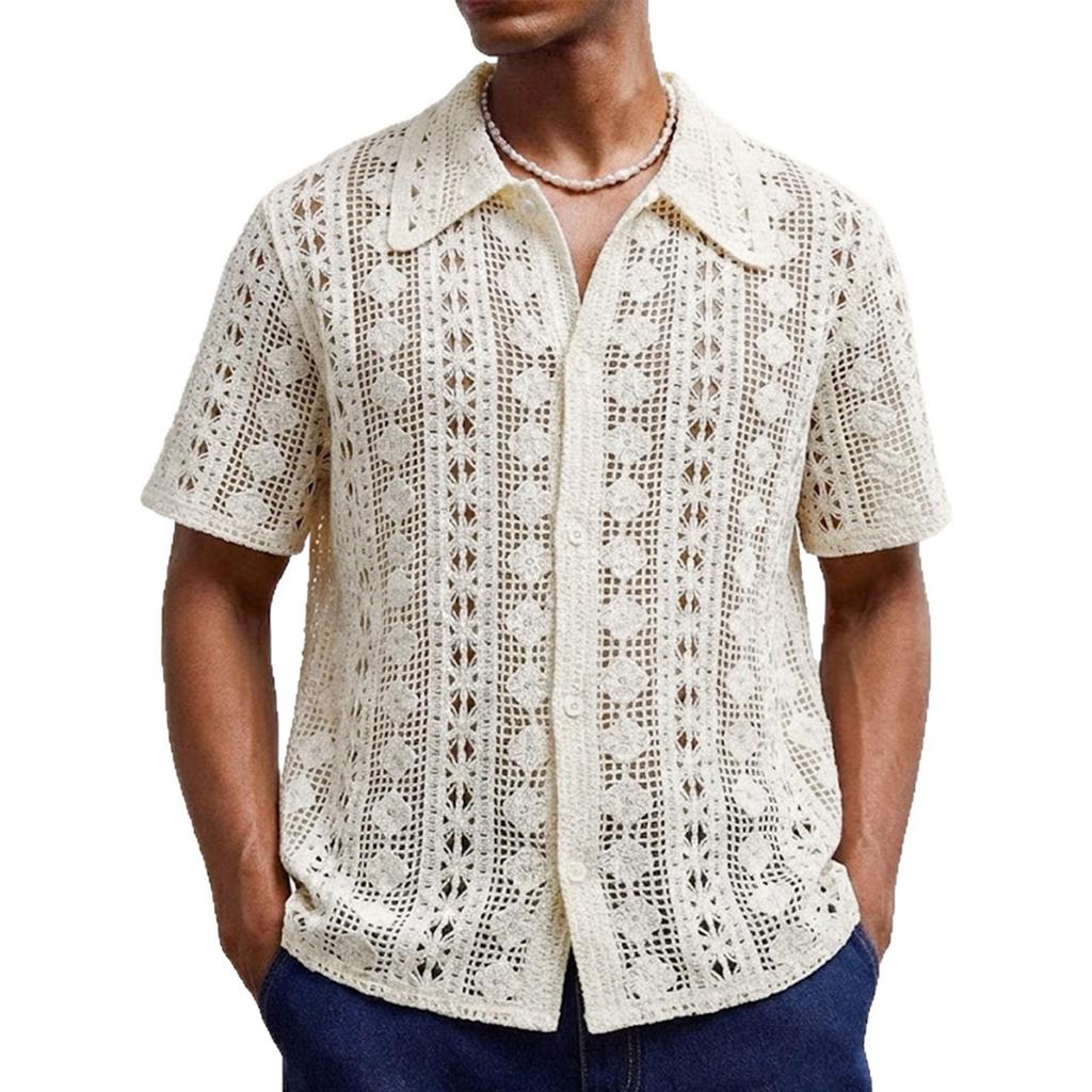 Men's European & American Style Crochet Hollow Knit Short Sleeve Cardigan Polo Shirt SY0070