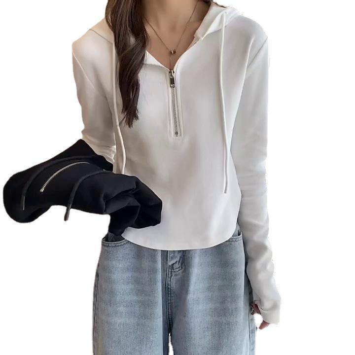 Women's Fashionable Slim-fit Cotton Sweatshirt Hoodie, Spring/Summer, Long-Sleeved, Short Zipper, Thin Design