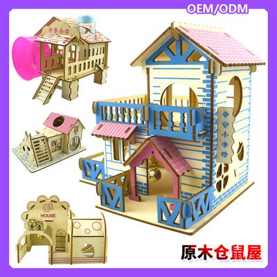 Solid Wood Double-Story Hamster Villa with Climbing Frame and Stairway