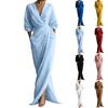 Women's Casual FashionColor V-neck Long Sleeve Slit Waist Pocket Dress