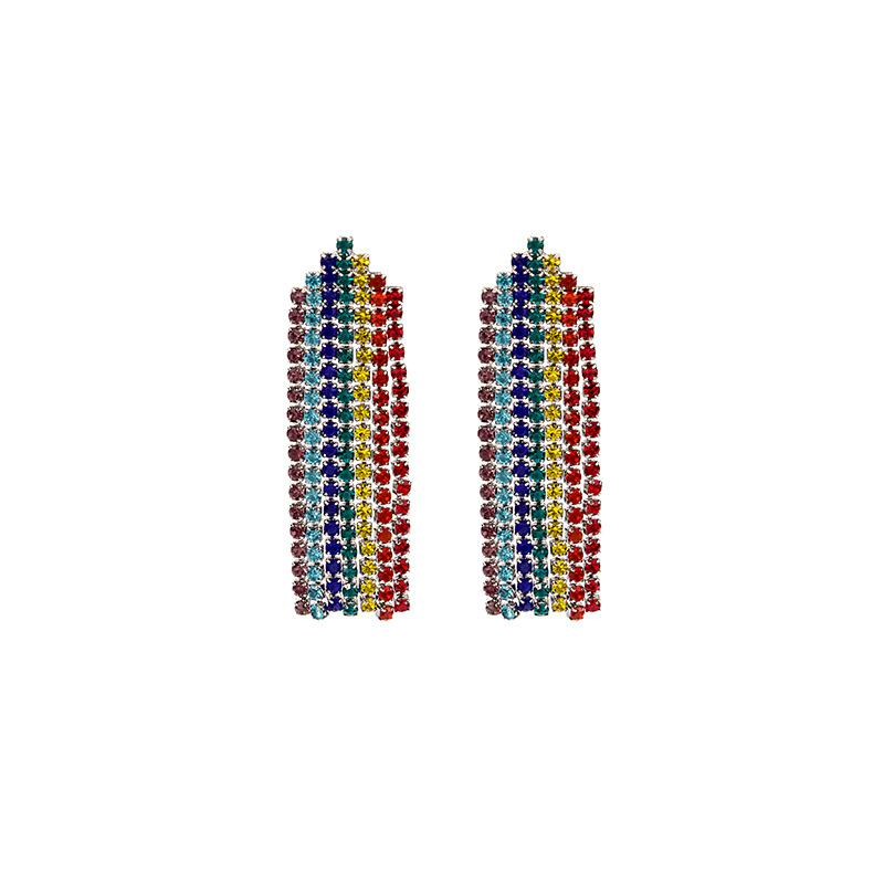 Fashion Atmosphere Diamond-Set Rainbow Tassel Earrings, Personalized Catwalk Style Trend Stud Earrings