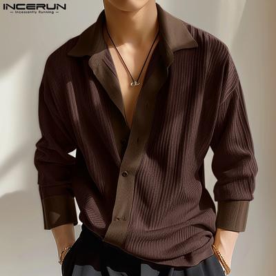 Men Spring Lapel Neck Oblique Placket Knitted Loose Tops Casual Shirts