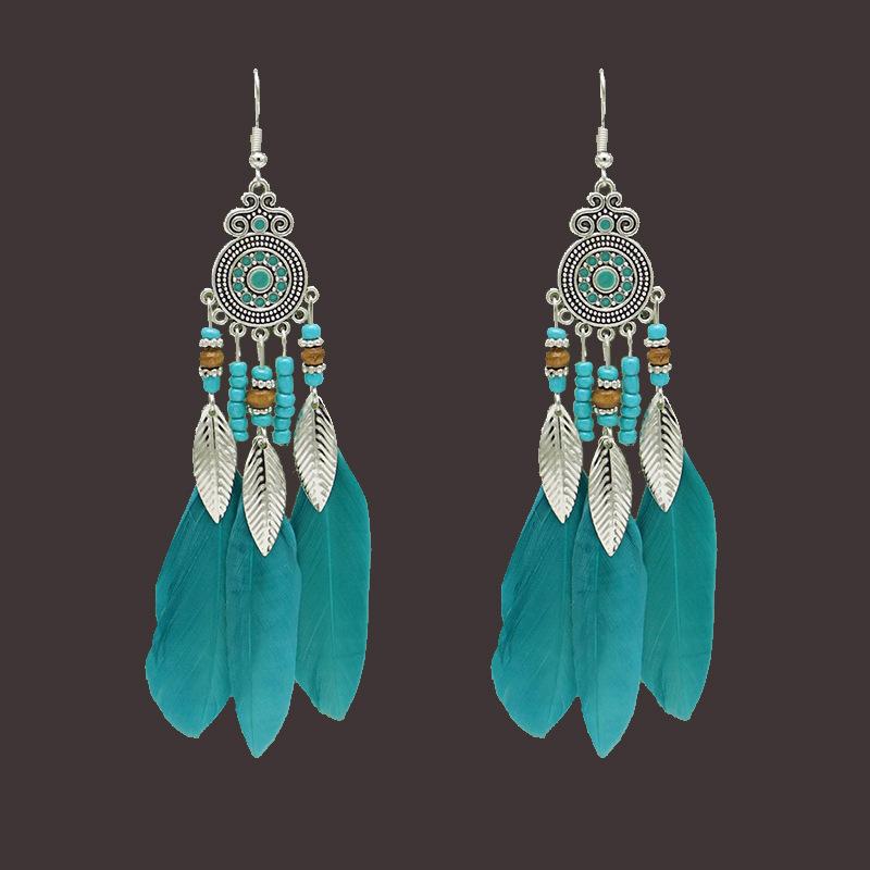 Vintage Bohemian Feather Tassel Earrings Exaggerated Ethnic Vacation Dangle Ear Jewelry Fashion Accessories For Women