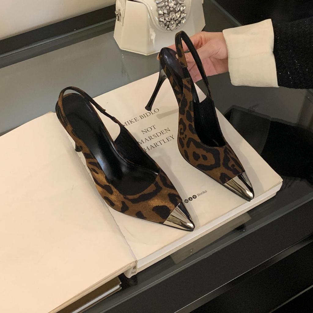 Fashion Leopard Metalic Pointed Toe Pumps Women Slingback High Heels Shoes Ladies Sexy Party Dress Stilletos Sandals Designer Escarpins