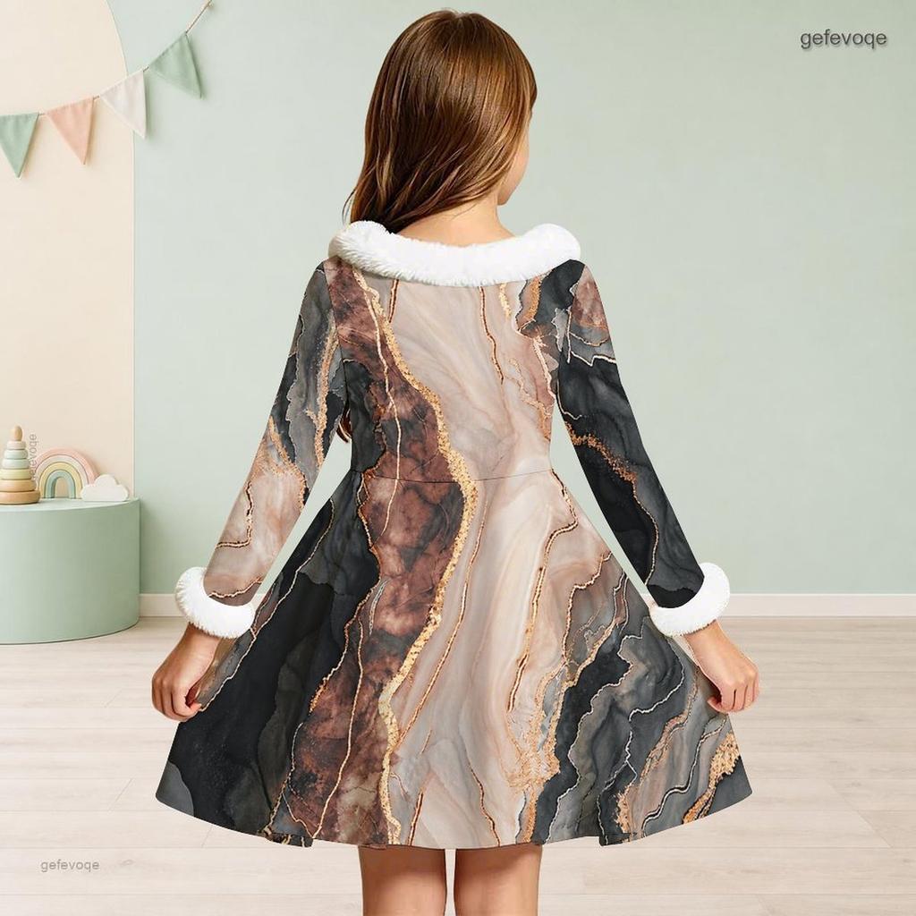 Meisjes Jurk met Hoge Hals, Lange Mouwen, Print, A-lijn, Uitlopend, met Taille Strik en Kunstbontrand