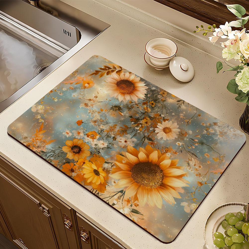 Yellow Sunflower Retro Draining Pad Drying Mat For Kitchen Bar Coffee Dishes Rubber Quick Drying Water Absorbent Anti-slip Mat