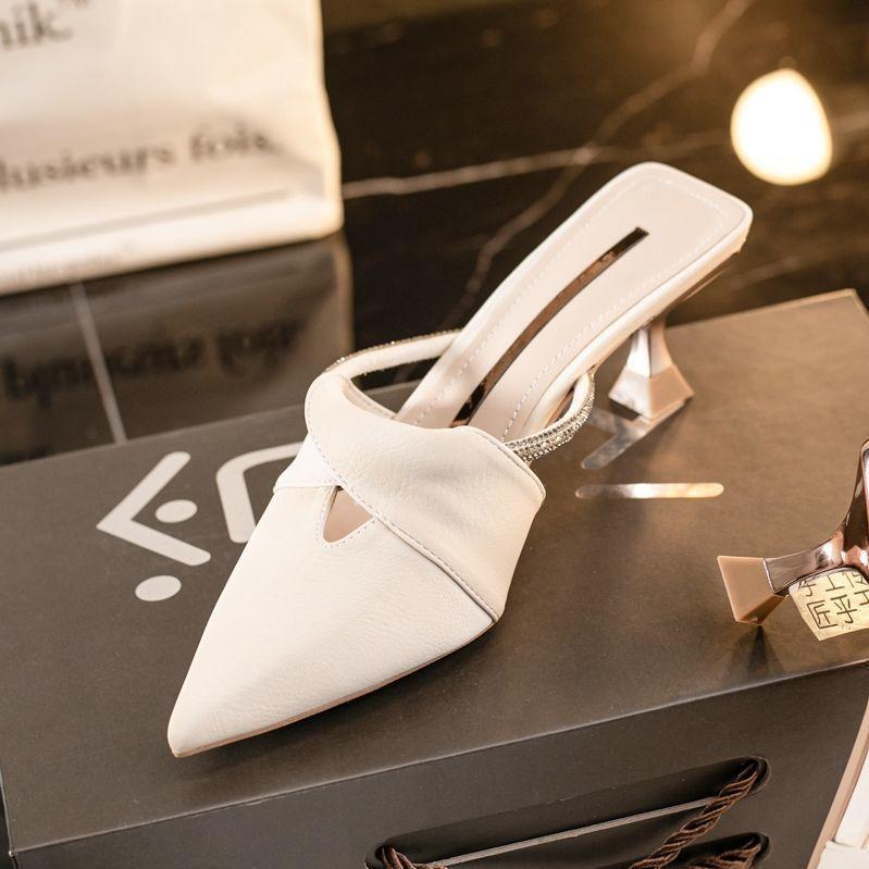 Temperament thin heel cool slippers women's 2025 new French versatile pointed summer wear bag head half high heels