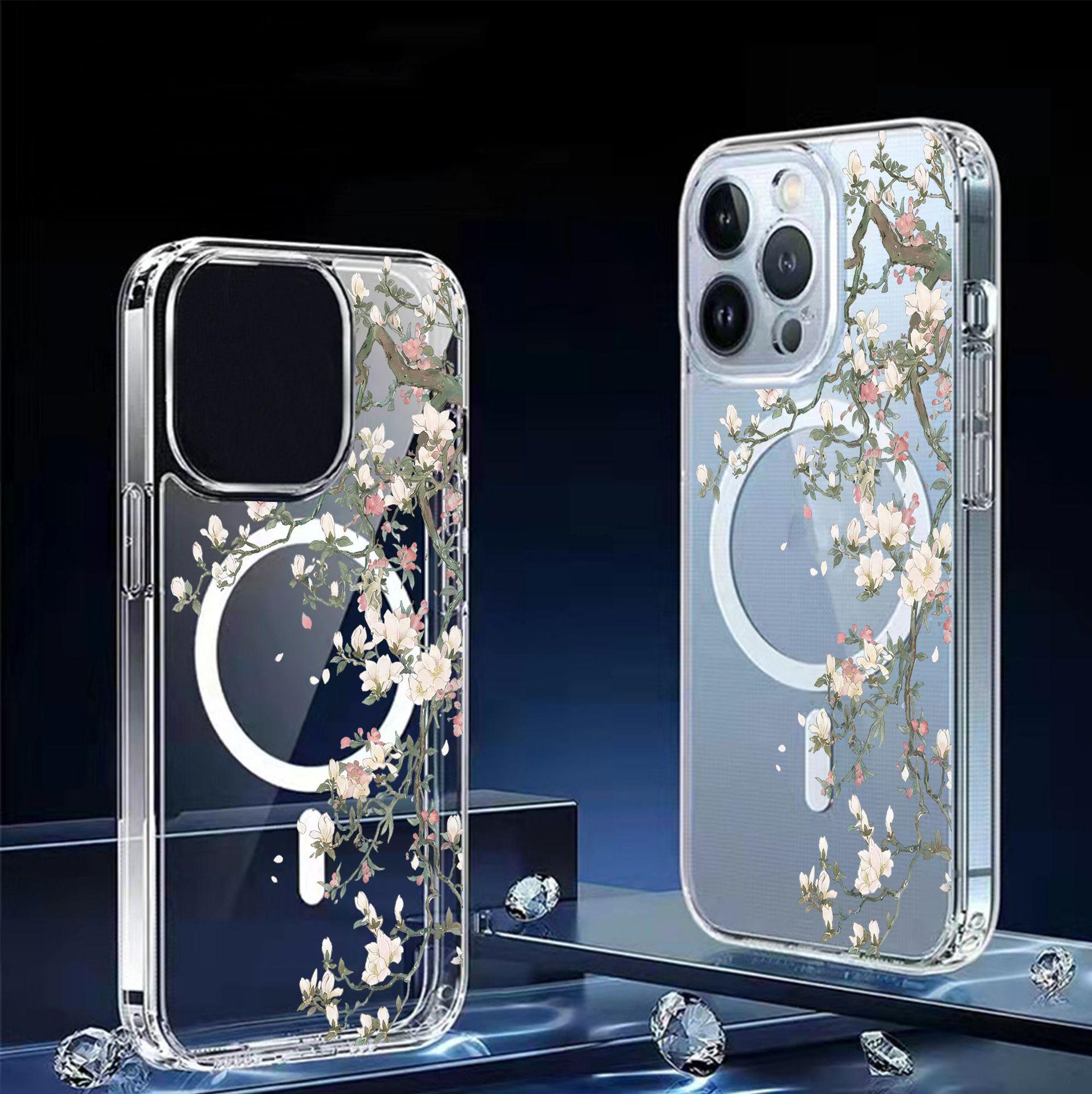 Full Branch Rose Magnetic Transparent Case for iPhone 15/16/17 ProMax - Full Coverage Protection iPhone 16 Plus прозрачный