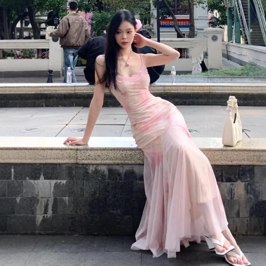 High-end rendering floral dress women's summer super fairy pink gauze dress sexy hip-wrapped waist slim fishtail dress