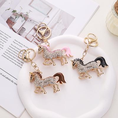 Light Luxury Creative Pony Metal Keychain Small Pendant Small Accessories Water Diamond Zodiac Animal Horse Keychain Ring