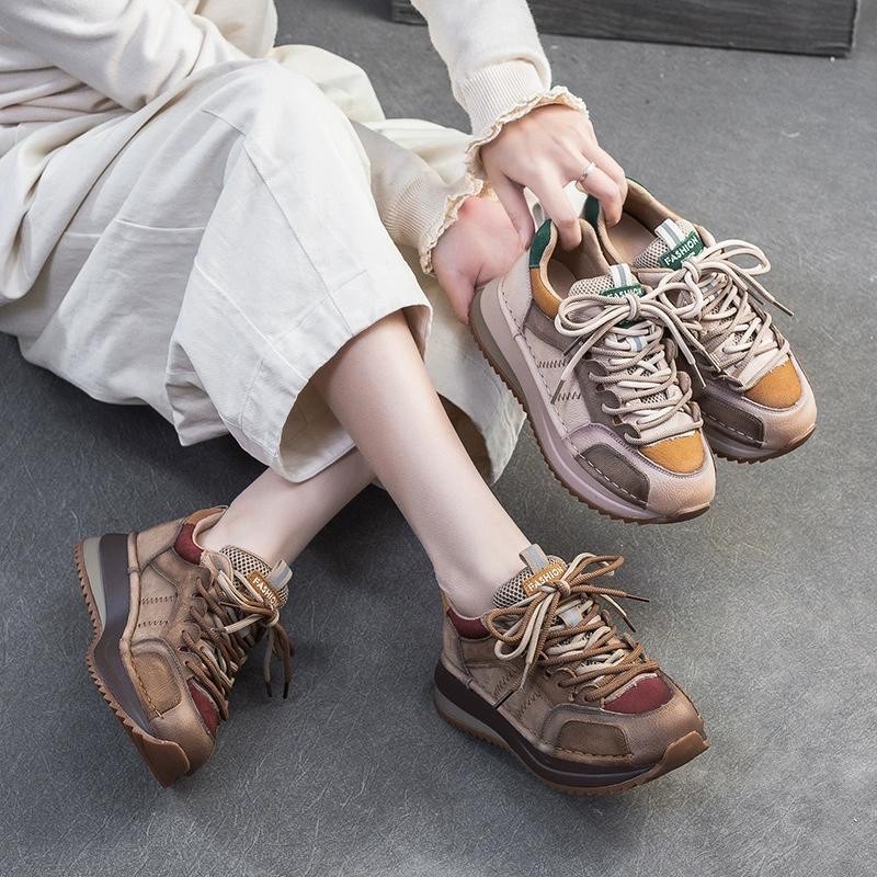 Fashion GKTINOO Sneakers Women Genuine Cow Leather Flats Thick soled Lace-Up Spring Autumn Lady Casual Flat Shoes Handmade Women Shoes