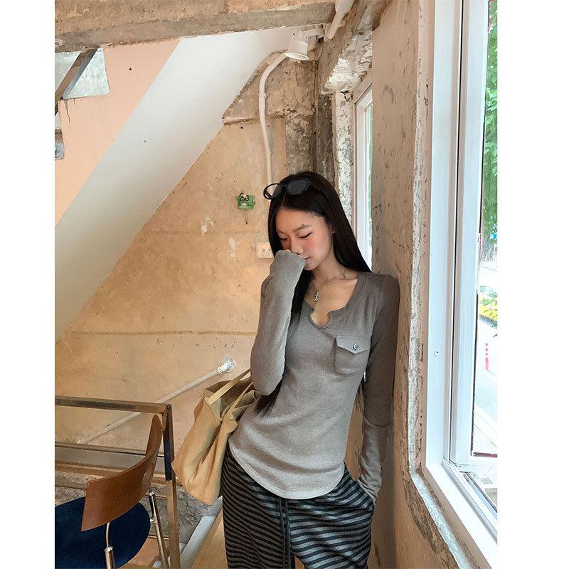 Autumn 2025 Retro Brushed Cotton Slim Fit Long Sleeve T-Shirt: Spicy Girl Style S серый