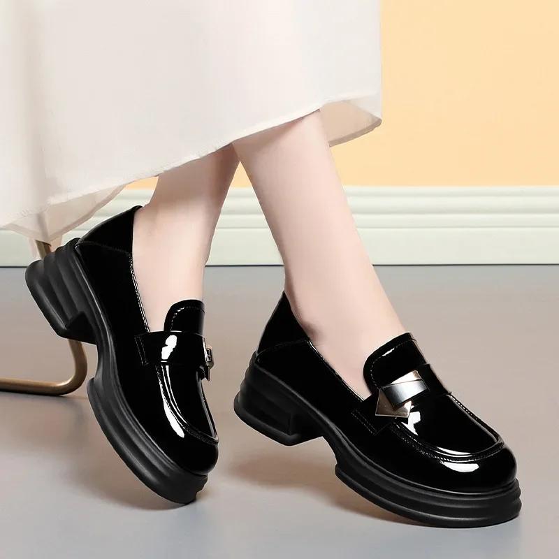 

5 см Лоферы в британском стиле из мягкой кожи на платформе, туфли-лодочки, весна 2025, туфли на среднем блочном каблуке, толстая подошва для офиса, для мамы 41