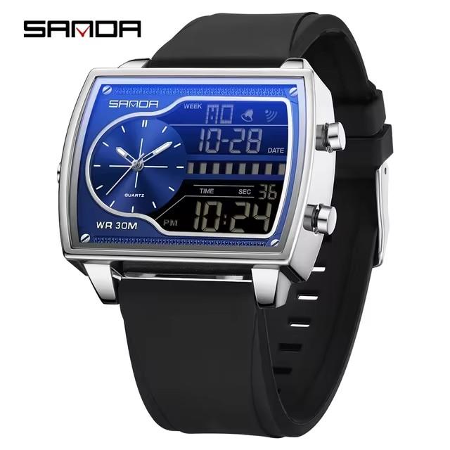 SANDA 6163 Digital Analog Men Watch Square Case Dual Display Steel Leather Silicone Strap Multifunction Sport Business Watch