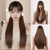 European and American Style Women Long Straight Wig with Blunt Bangs Front Lace Heat Resistant Synthetic Fiber Ombre Gray Wigs