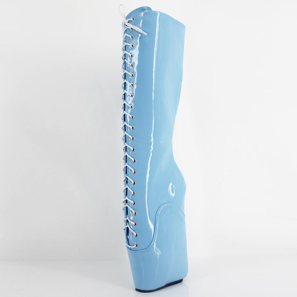 Fashion FHC 18CM Wedges Pony Heel Knee High Boots,Women Fetish Dance Shoes,Men Cosplay Botas,Lace-up,Black,Red,Pink,Blue,Custom Colors
