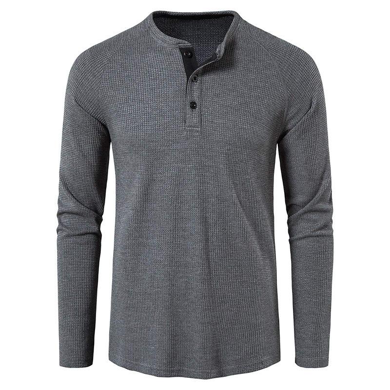 European and American Style Men’s Solid Waffle Henley Shirt Long Sleeve T-shirt Buttoned Round Neck Top