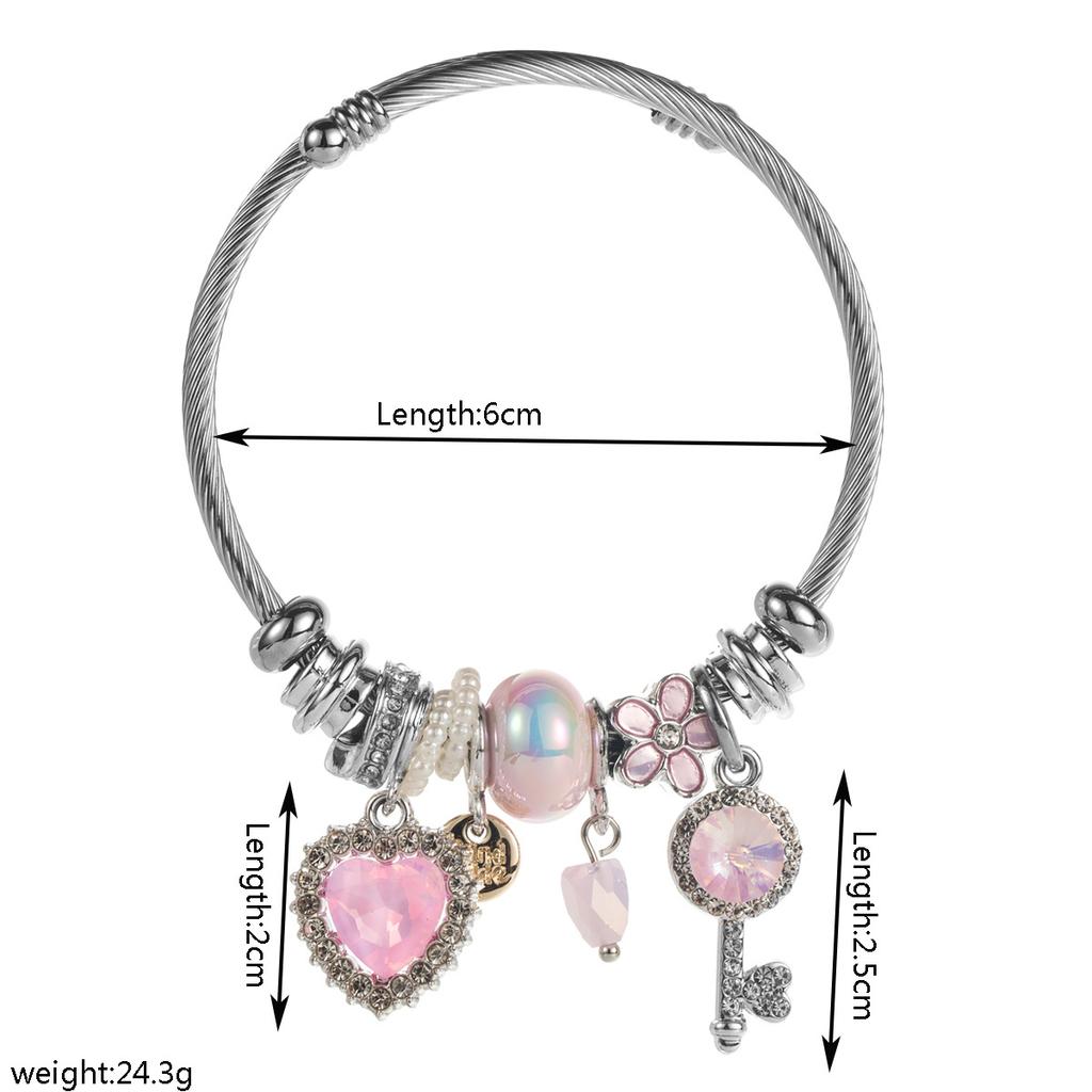 European American-style -inspired Beaded Bracelet Heart Key Flower Pendantsversatile Stainless Steel Adjustable
